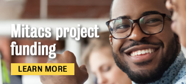 Man wearing glasses smiling with text &quot;Mitacs project funding, learn more&quot;