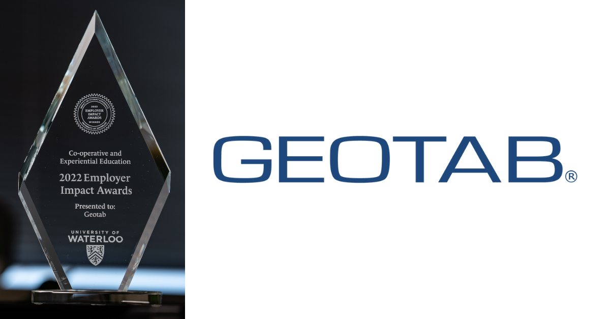 Employer Impact Award diamond shaped glass trophy and the Geotab logo