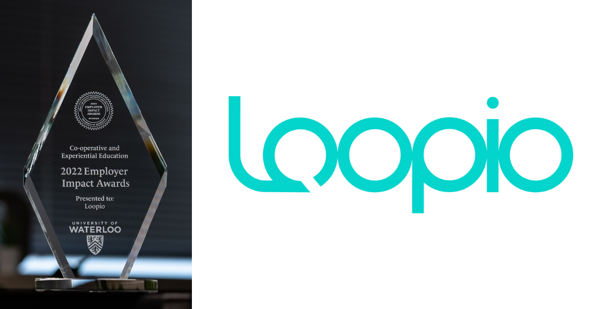 Employer Impact Award diamond shaped glass trophy and the Loopio logo