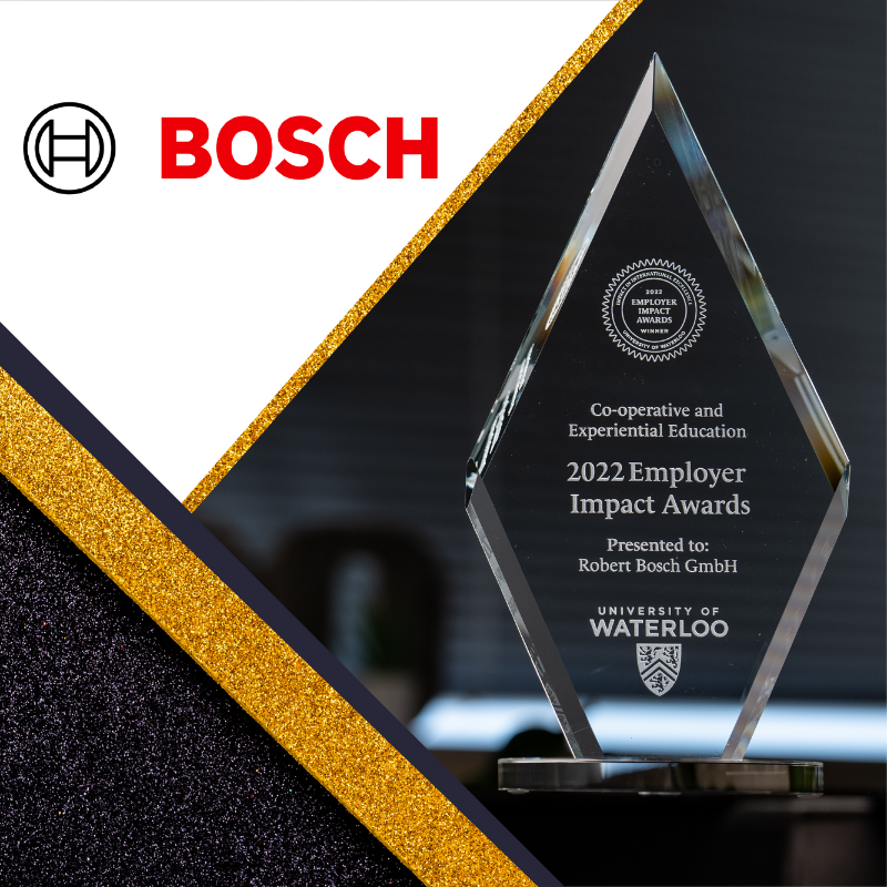 Employer Impact Award diamond shaped glass trophy and the Bosch logo