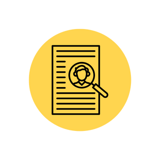 Yellow circle icon showing a document with lines of text and a magnifying glass highlighting a person’s profile