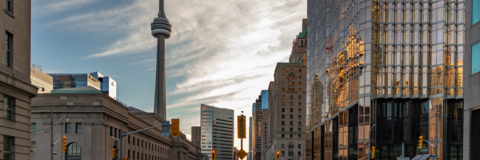 View of high-rise buildings and the CN tower in downtown Toronto