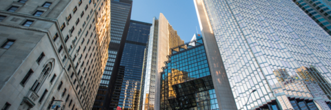 Worms-eye view of high rise buildings in downtown Toronto