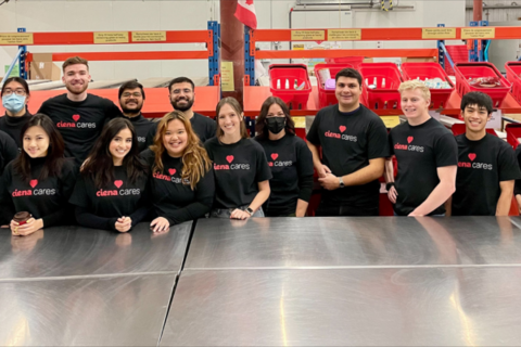 Ciena staff and Waterloo co-op students volunteering at a Food Bank