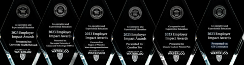 View of the six award trophies for the 2023 CEE Employer Impact Awards