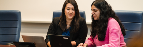 Female employer and co-op student meeting while on their laptops