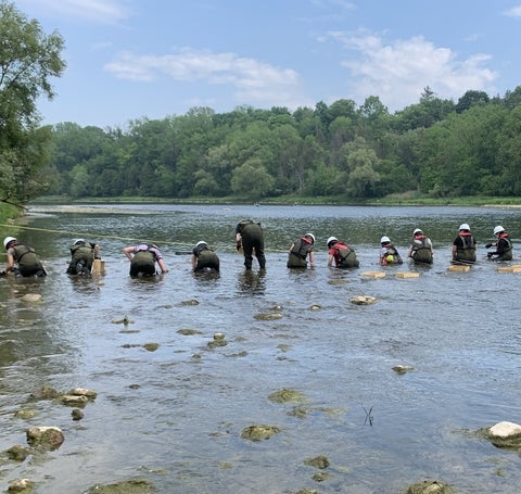 Group of people in Ontario Grand River relocating mussels