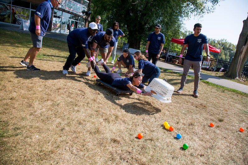 Students participate in a team building activity outdoor