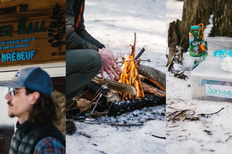 A collage of images from left to right: A camp counsellor standing infront of a Camp Bebreuf sign;A fire pit;A survival kit
