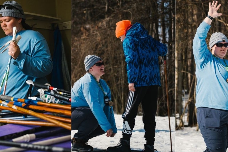 A  collage of images; Sarah Alexander preparing ski equipment, Sarah Alexander fixing a child's ski boot;Sarah Alexander talking