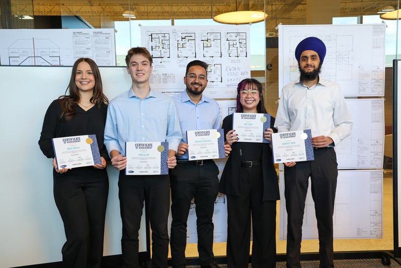 Various co-op students pose holding certificates from Mattamy Homes