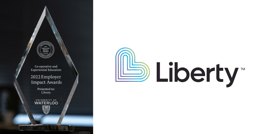Employer Impact Award diamond shaped glass trophy and the Liberty Utilities logo