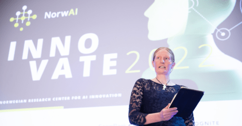 Signe Riemer-Sørensen presenting at the 2022 NorwAI Innovate conference 