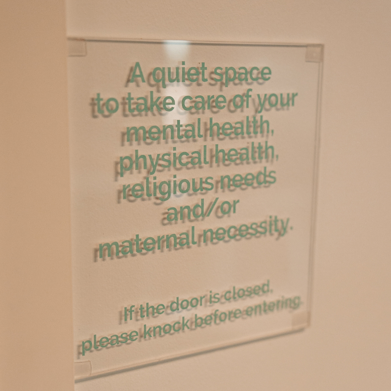 Placard at the Loopio offices that highlights an office space for different employee needs such as prayer time.