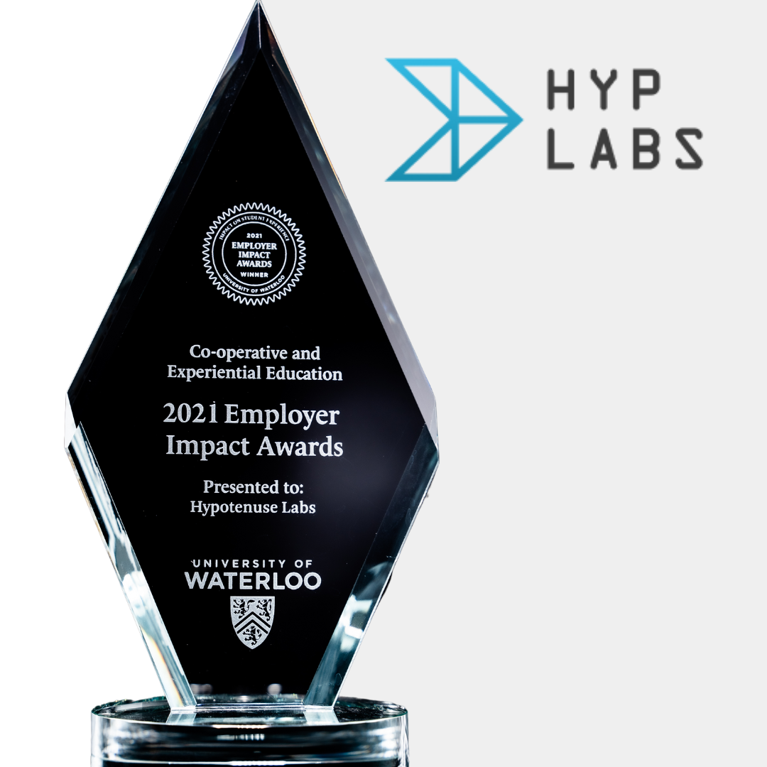 Diamond shaped glass trophy with Hypotenuse labs logo beside it