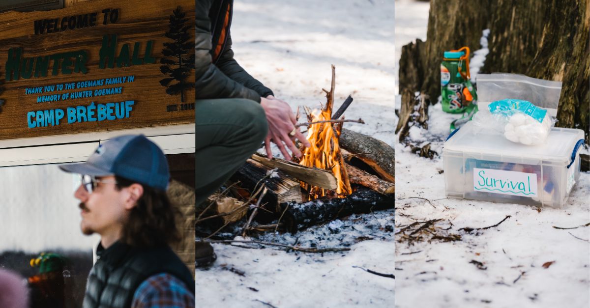A collage of images from left to right: A camp counsellor standing infront of a Camp Bebreuf sign;A fire pit;A survival kit