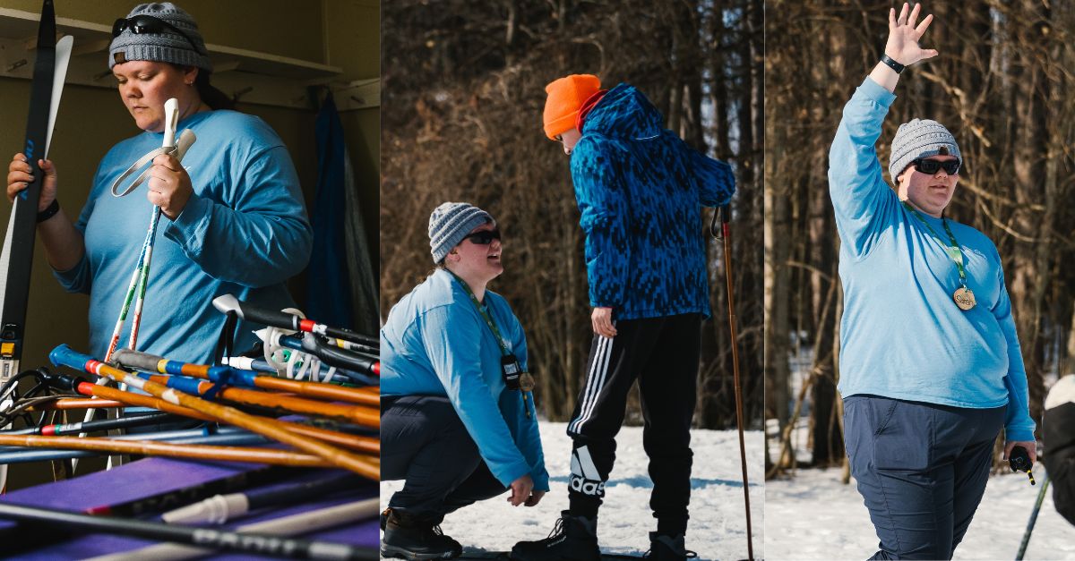 A  collage of images; Sarah Alexander preparing ski equipment, Sarah Alexander fixing a child's ski boot;Sarah Alexander talking
