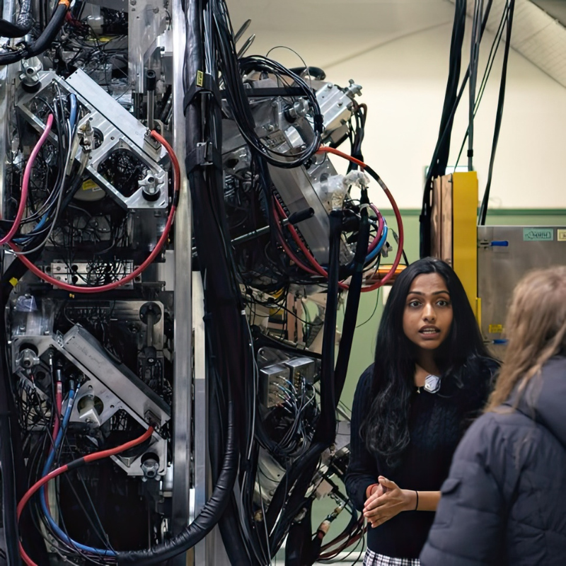 Waterloo student, Rashmi talking to a person in a lab in TRIUMF