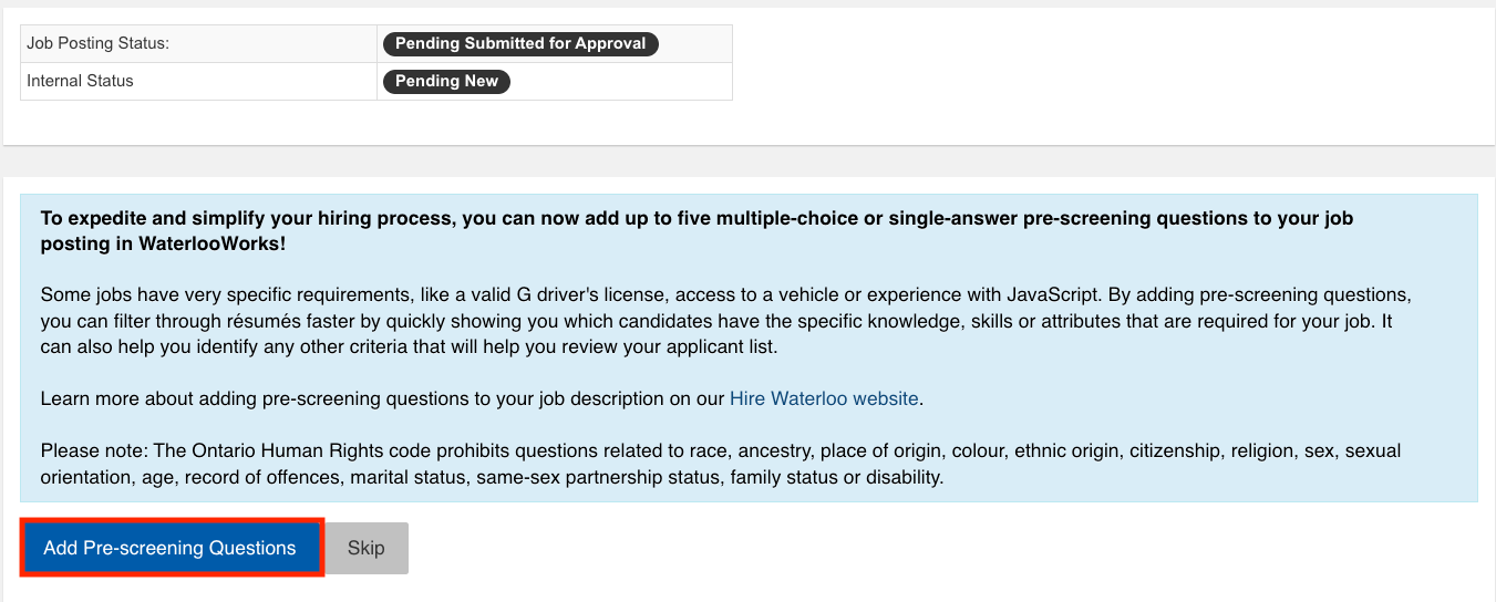 View of how to add pre-screening questions in WaterlooWorks