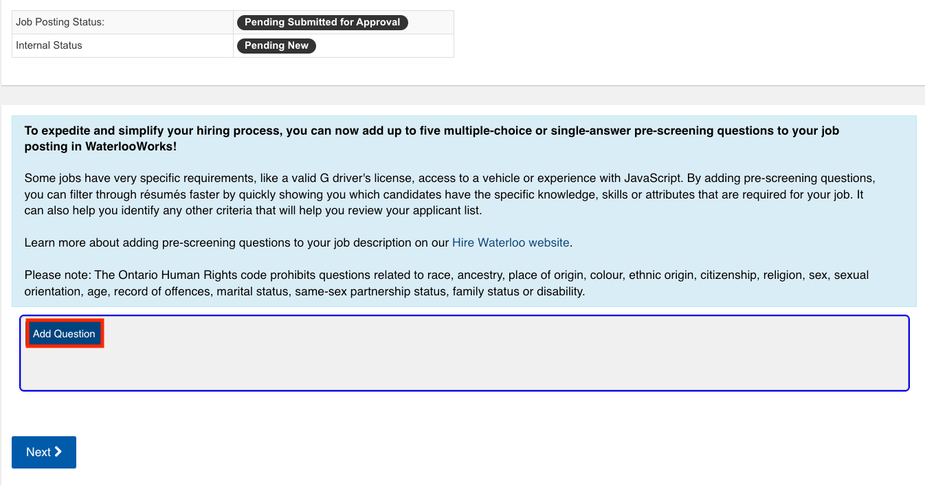 How to add a question to pre-screening questions in WaterlooWorks