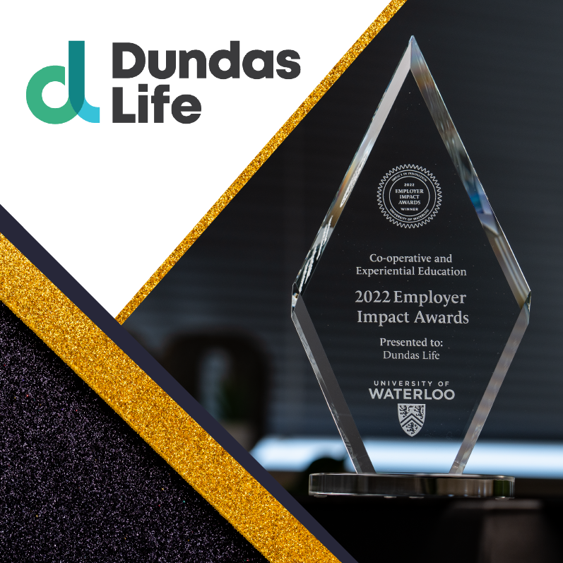 Employer Impact Award diamond shaped glass trophy and the Dundas Life logo
