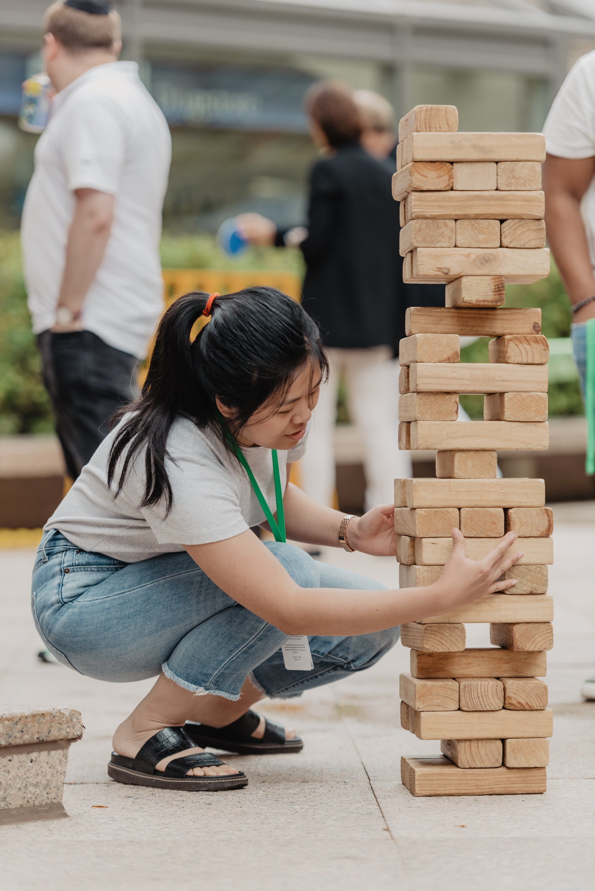 Questrade co-op student playing jenga