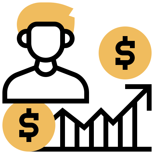 Icon of an employee next to money signs and a bar graph showing an increase
