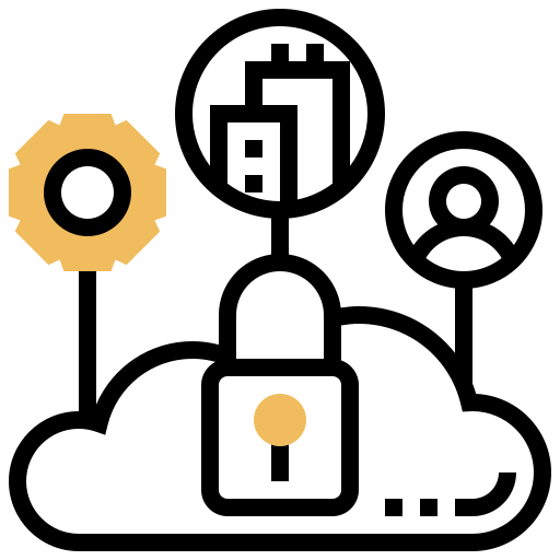 Icon of a gear, buildings, person, cloud and lock