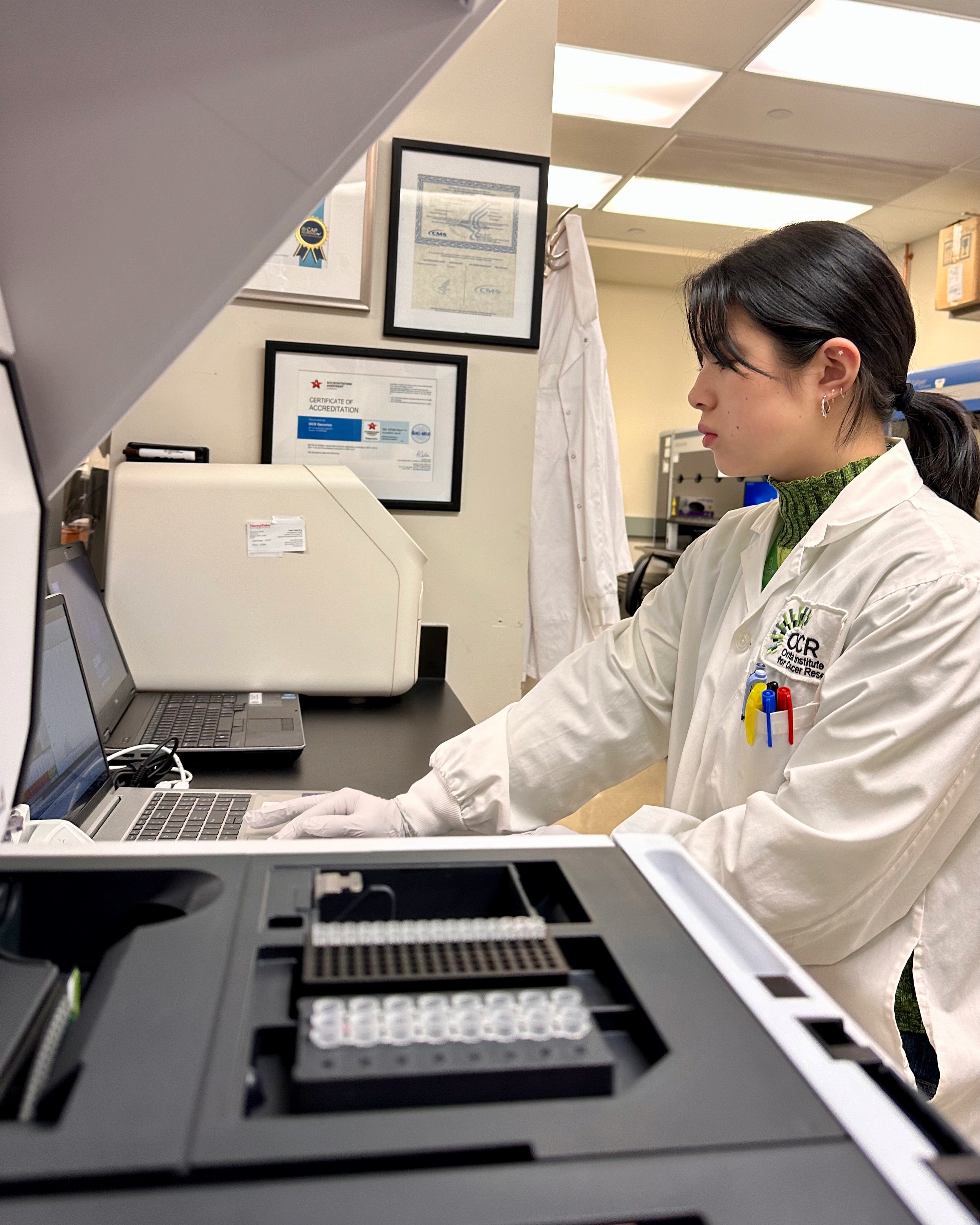 Kealey Nguyen working at her laptop in the laboratory