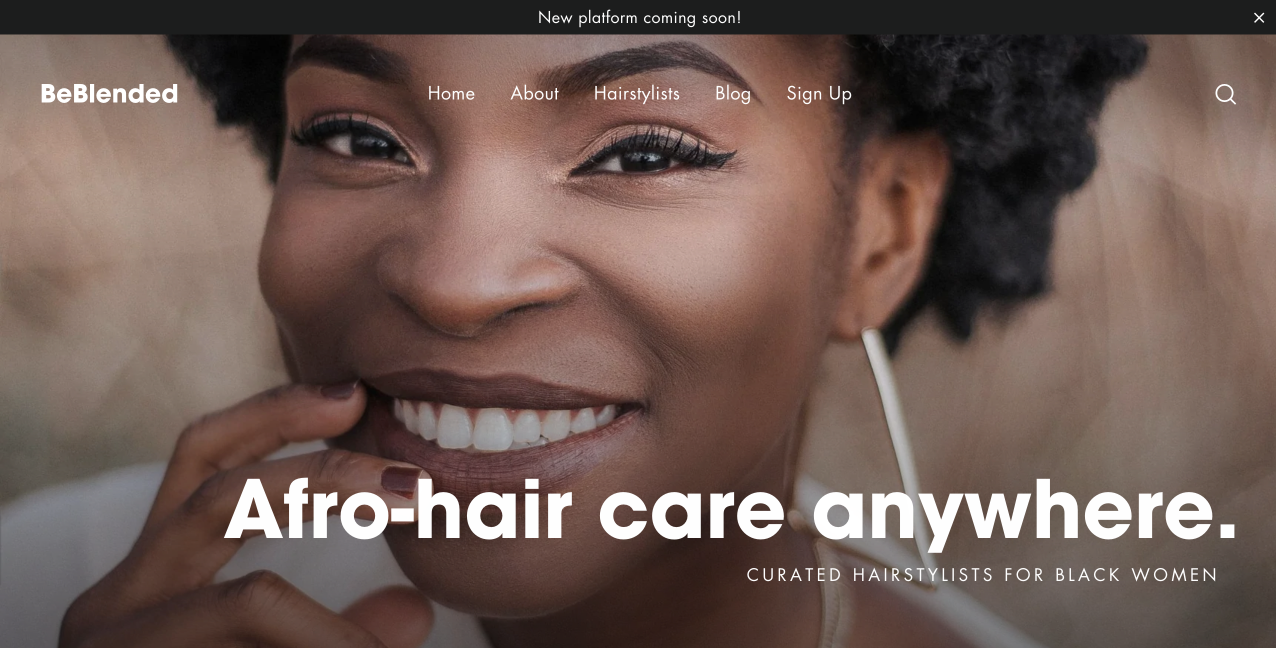 Image of the BeBlended website homepage with a black female model smiling as the background image