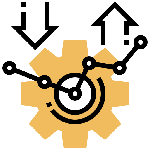 Icon of a gear with a dot graph with a positive association along with two arrows pointing up and down