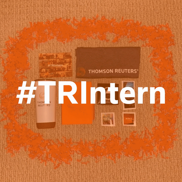 Animated gif with different images of co-op students and swag provided by Thomson Reuters with the hashtag #TRIntern