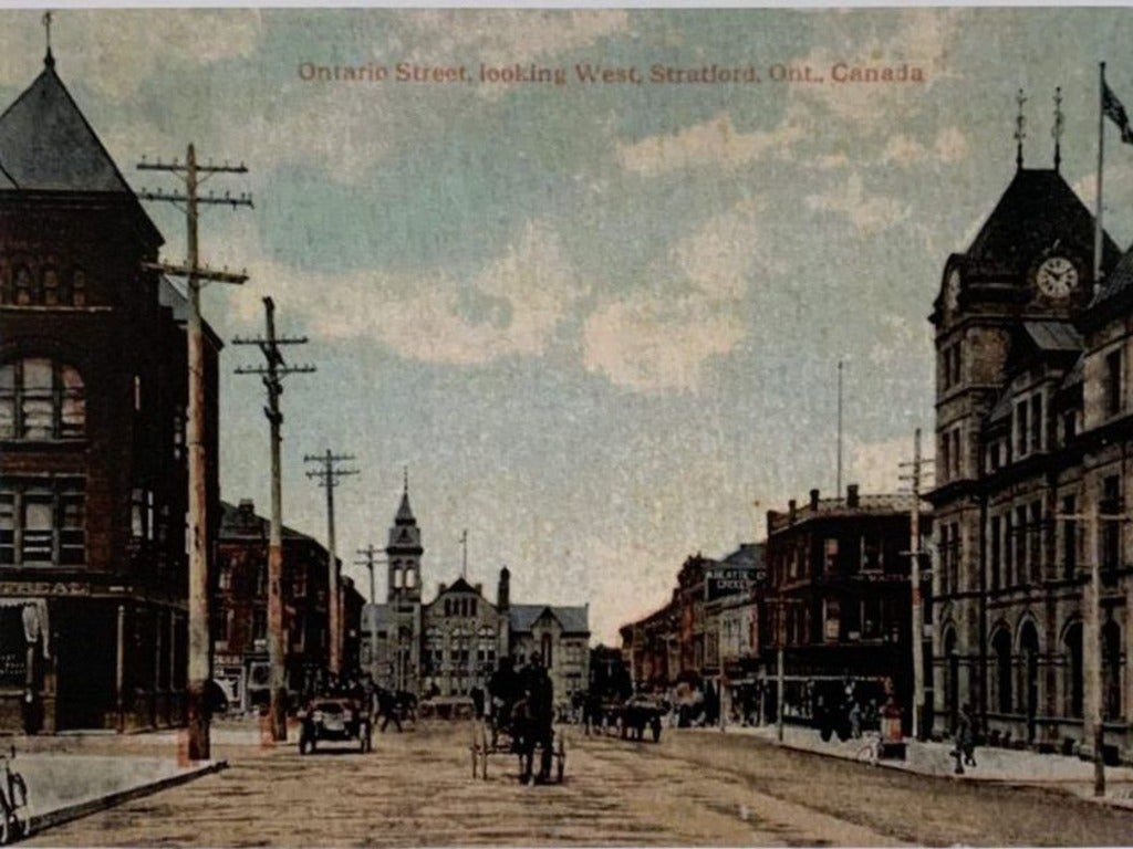 This postcard image from 1914 shows Ontario Street in Stratford, Ontario, facing west