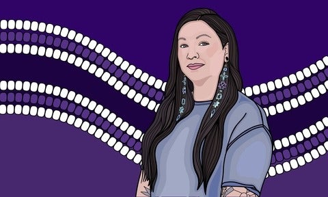An illustraed banner of Dr. Talena Atfield with a background of Indigenous beadwork in white, purple and black stripes like a Wampum belt