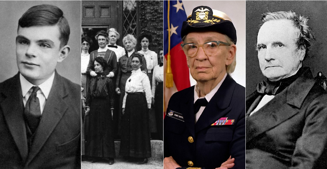 Collage of Alan Turing, women in computing, Grace Hopper, and Charles Babbage
