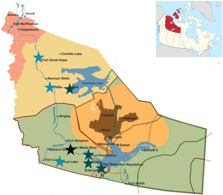 Map of Northwest Territories indicating participating communities: Fort Good Hope, Tulita, Deline, Trout Lake, Jean Marie River, Fort Providence, Kakisa, and Hay River