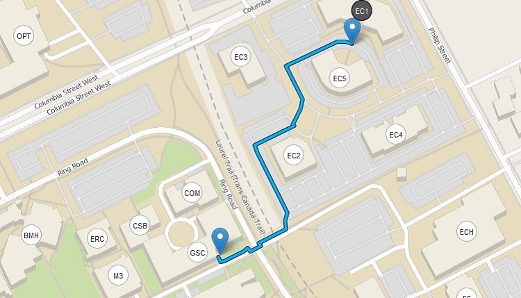 Map of the University of Waterloo with East Campus one highlighted