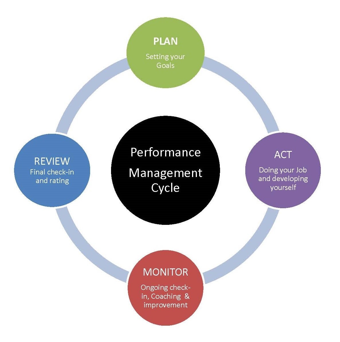 different stages in the performance cycle step 1 plan step 2 act step 3 monitor step three review