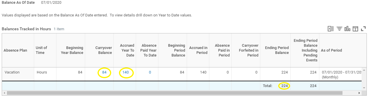Vacation balance page with the "carryover balance" "accrued year to date" and "total ending period balance" circled.