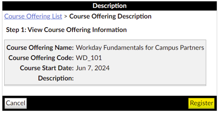 confirmation step of workday fundamentals course registration 