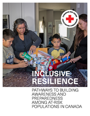 Two women and two children packing an emergency preparedness kit