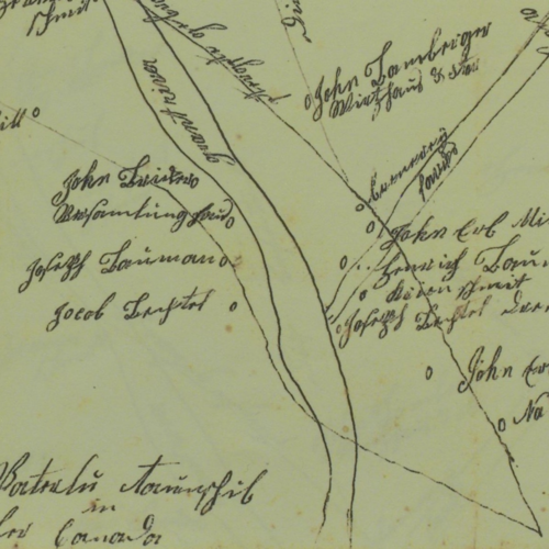 Map (detail) from 1818 of early Mennonite settlement of Kitchener, including Mill Street which followed an established Mississauga route.