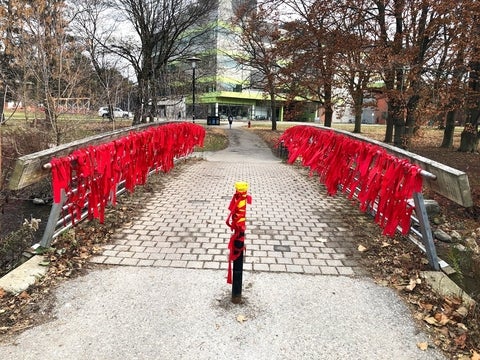 Bridge tied with red ribbons
