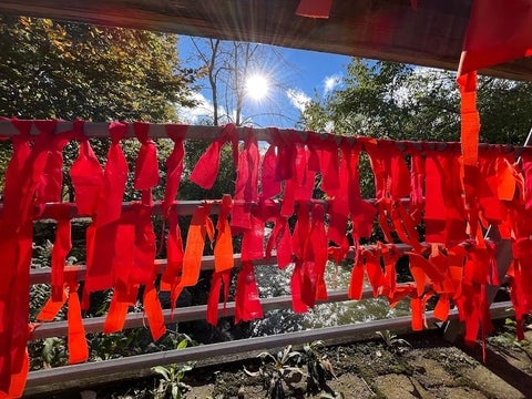 Dozens of red ribbons tied to an outdoor bridge during the Opening Ceremony for the Bridge: Honouring Lives of Missing and Murdered Indigenous Women, Girls and Two Spirit People