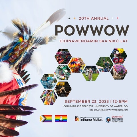 Beehive shaped images of colourful Pow Wow regalia and dancers, a Pow Wow dancer from behind and blue background. Text: 20th Annual Pow Wow Gidinawendamin/Ska’nikú•lát September 23 2023 16-16pm