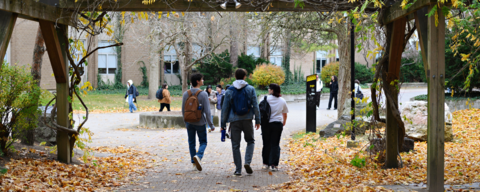 Students walking through the rock garden on a fall day.