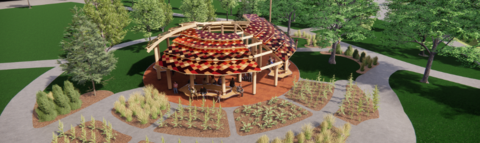 colourful 3D rendering of a round outdoor gathering space surrounded by trees