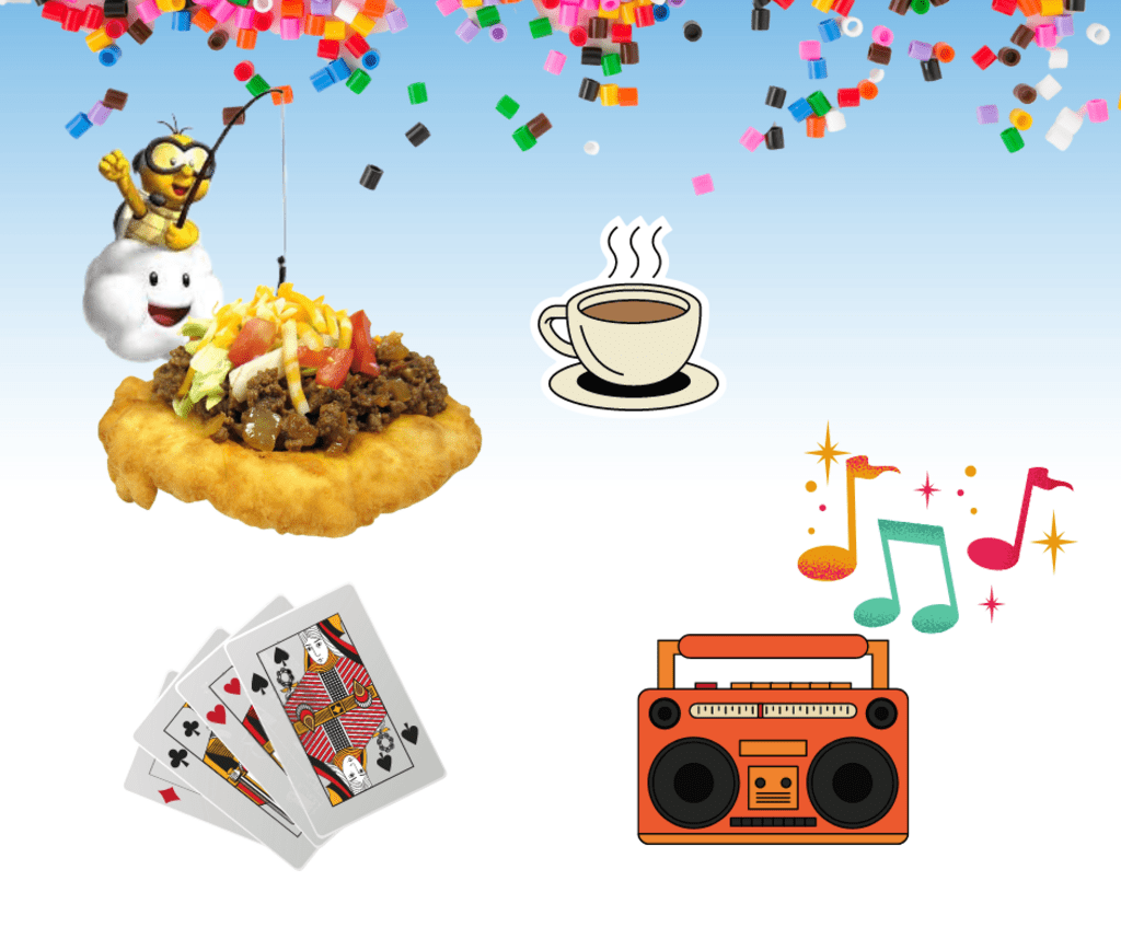 Collage with beads, frybread taco, cards, music notes, radio, Lakitu, and coffee