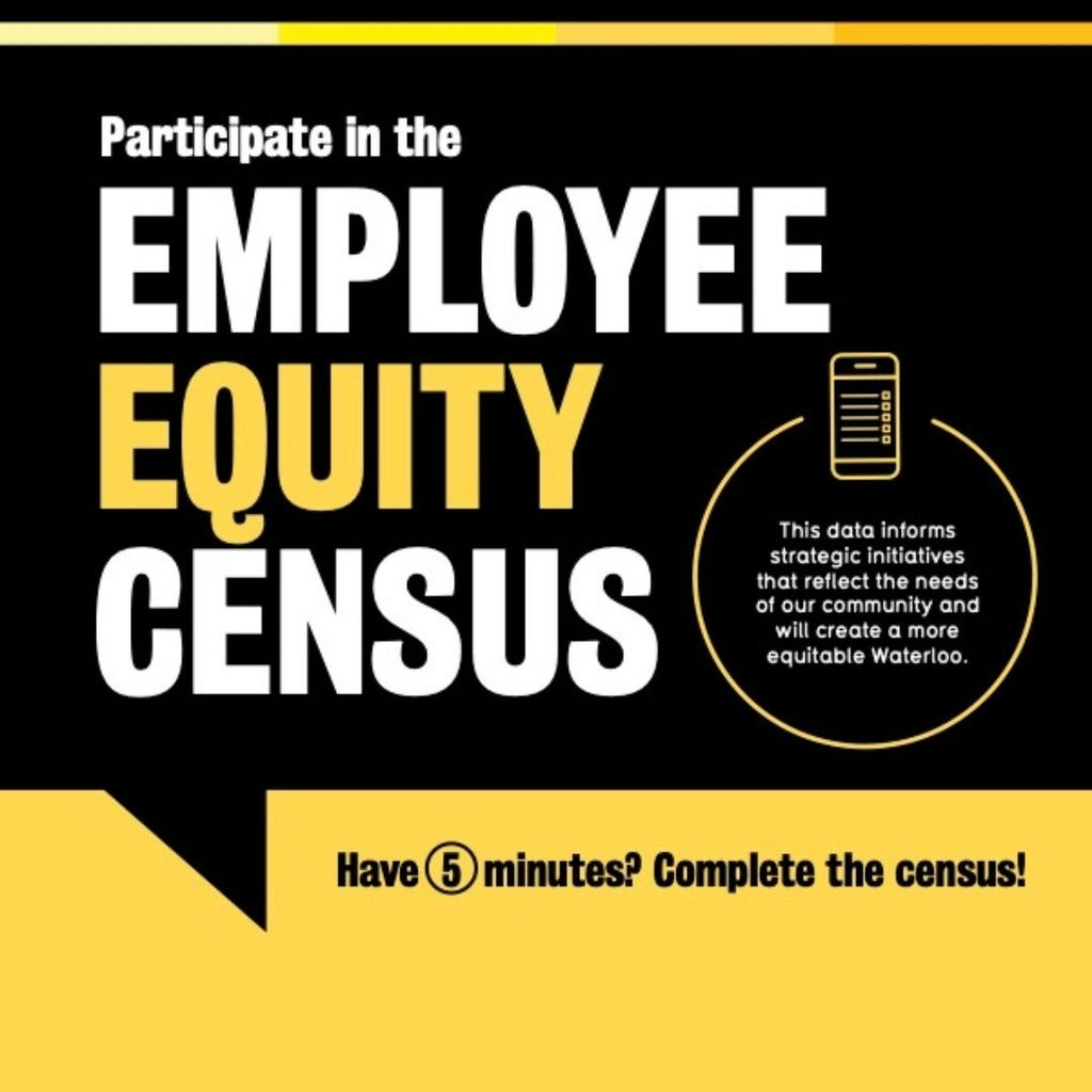 Black square speech bubble on gold background with white, yellow and black text: Employee Equity Census, Have 5 minutes? Complete the census!