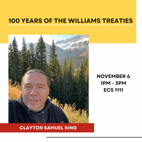 Treaties week event poster with event details and photo of Clayton Samuel King